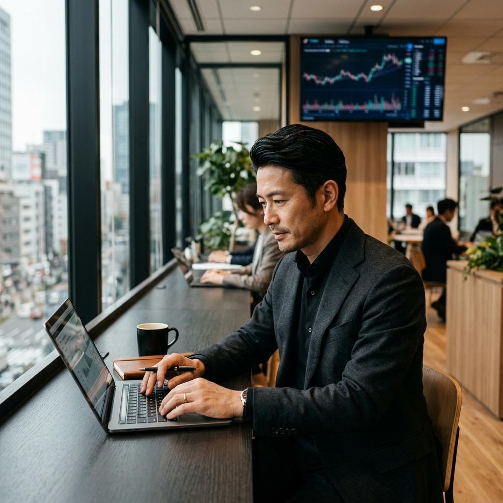 Successful Tesla Trade Inc trader at a laptop